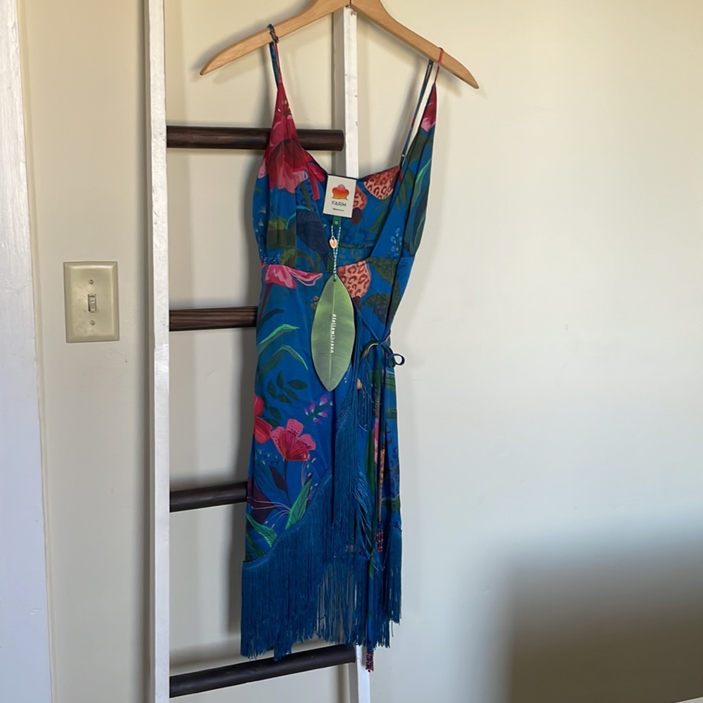 Farm Rio tropical print mini wrap dress with fringe NWT